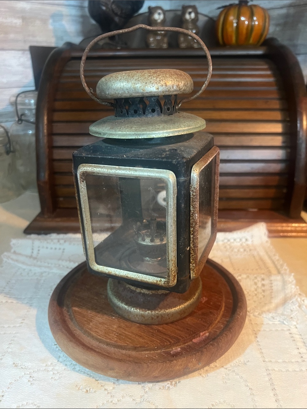 antique square-frame kerosene/oil lantern